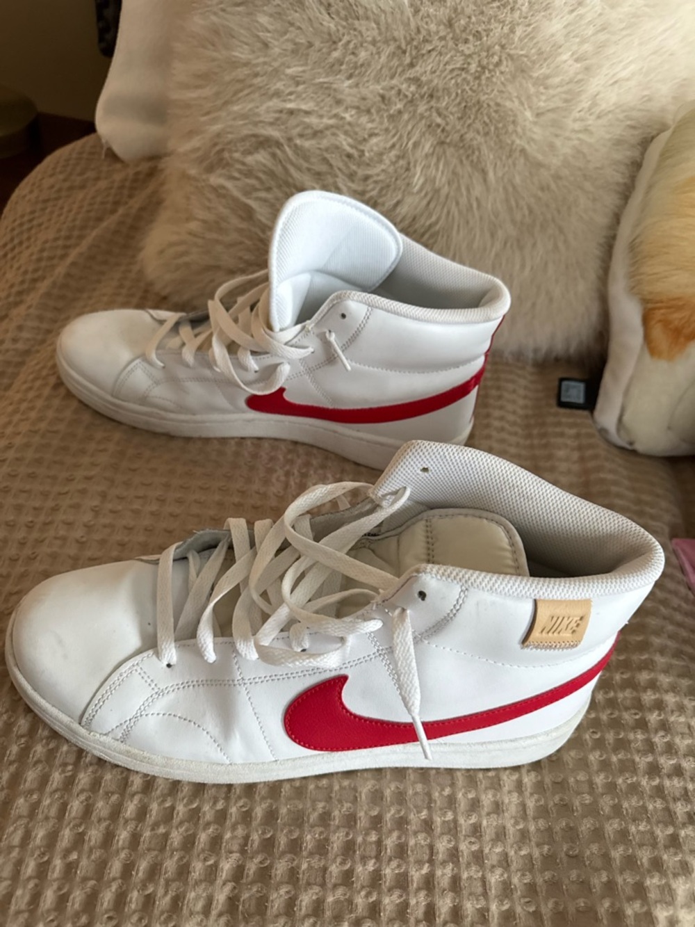 Nike White High-Top Sneakers with Red Swoosh Accent Size 10